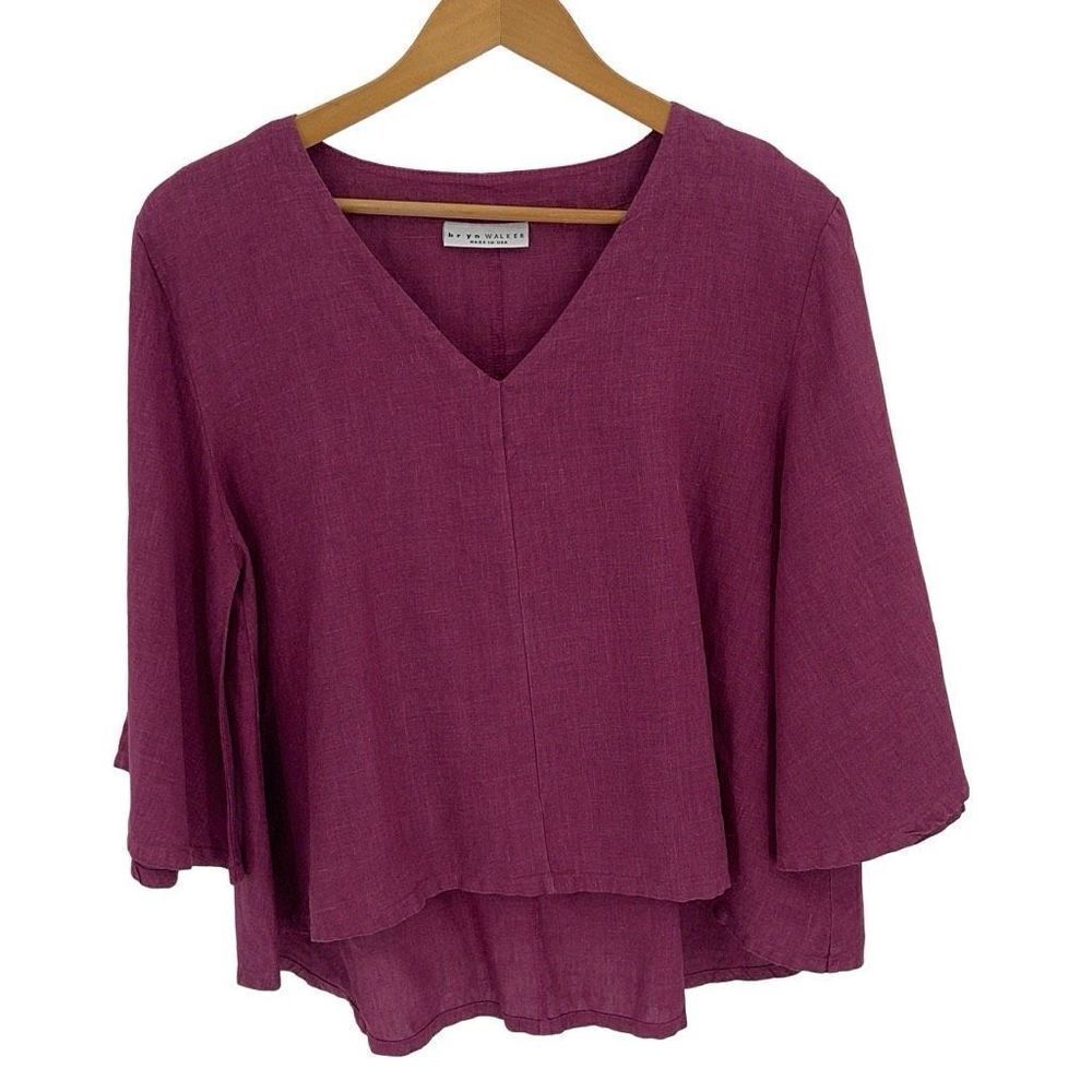 Bryn Walker Womens V Neck Flare Sleeve Linen Hi Low Swing Blouse Top Raspberry X
